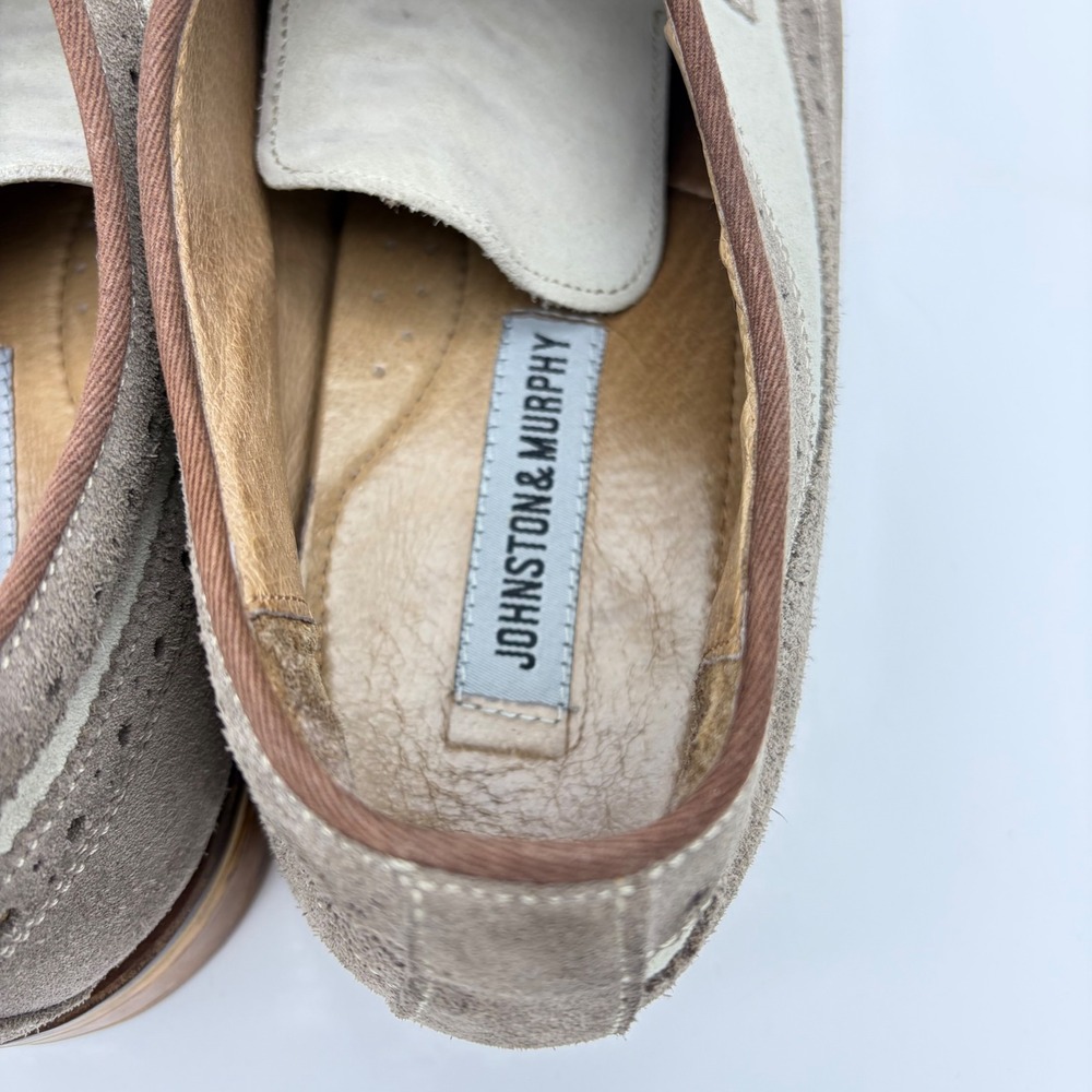 Johnston & Murphy Mens 13 Suede Wingtip Oxford Shoes Taupe Cream Brogue Preppy - Picture 6 of 11